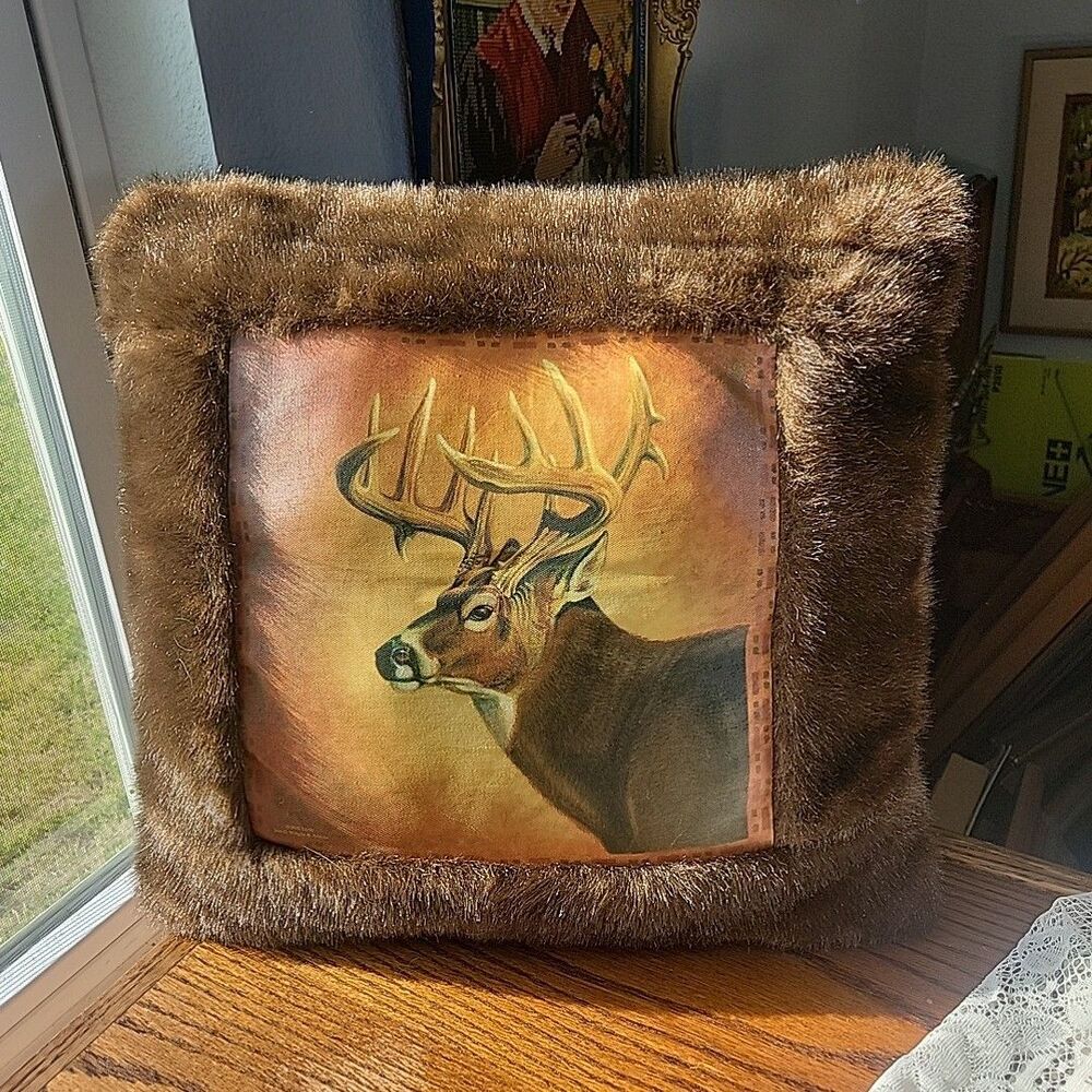 Rustic Faux Fur Throw Pillow Brown Deer Lodge Stag Image 15 x 14" Sweetwater